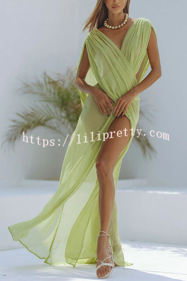 Lilipretty® Enjoy Your Vacation Linen Blend Ruched Shoulder Drape Loose Cover Up Maxi Dress
