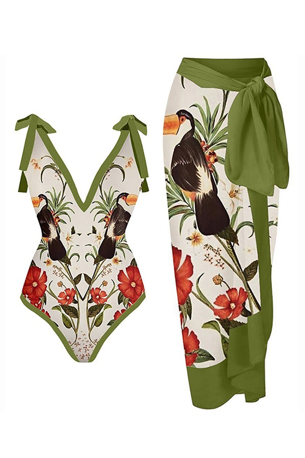 Lilipretty Full of Sunshine Printed Shoulder Tie One-Piece Swimsuit with Midi Cover-up Skirt