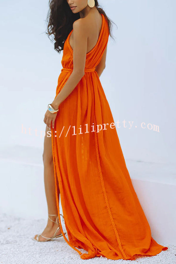 Lilipretty® Avani Linen Blend Draped Braids One Shoulder Slit Cover Up Maxi Dress