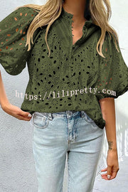 Lilipretty® Hollow Embroidered Lace V-neck Buttoned Lantern Sleeve Blouse