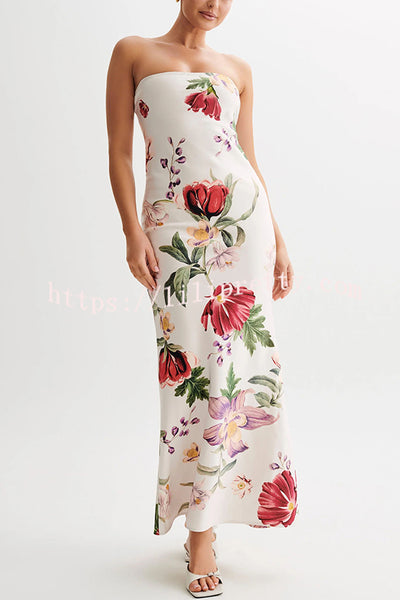 Sicilian Glam Satin Floral Print Strapless Fishtail Maxi Dress