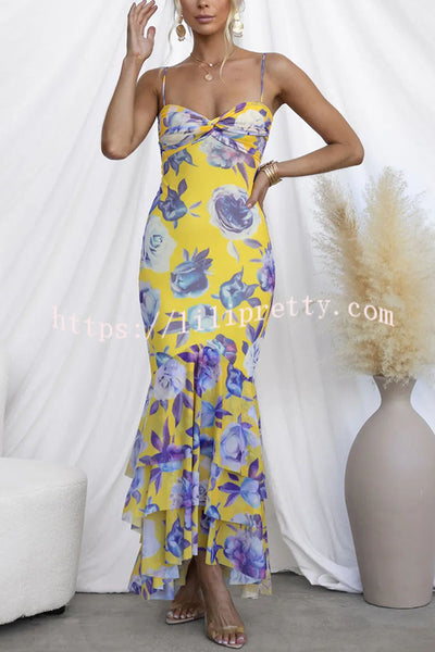 Qasila Mesh Overlay Floral Print Cross Bust Ruffle Hem Stretch Maxi Dress