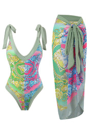 Lilipretty Full of Sunshine Printed Shoulder Tie One-Piece Swimsuit with Midi Cover-up Skirt
