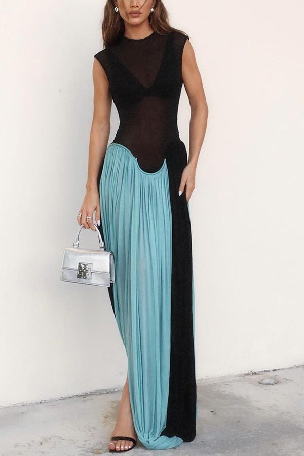 Lilipretty® Lynelle Round Neck Sleeveless Contrast Hem Sexy Slim Fit Drape Maxi Dress