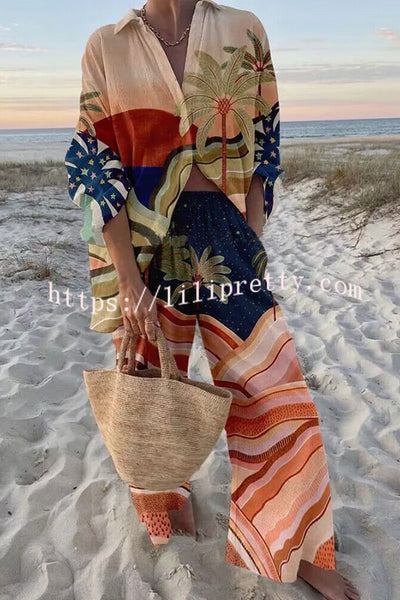 Lilipretty Sunset Atmosphere Palm Print Oversized Blouse and Elastic Waist Pocketed Pants Set