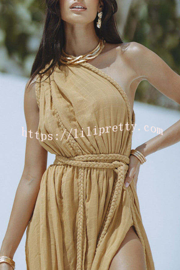 Lilipretty® Avani Linen Blend Draped Braids One Shoulder Slit Cover Up Maxi Dress