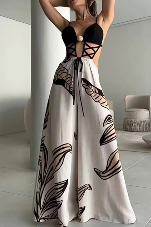 Lilipretty Tulum Dreaming Strap Cross Design Patchwork Printed Elastic Waist Backless Jumpsuit