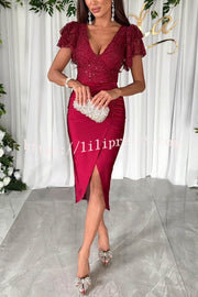 Lilipretty® Dreamy Luxury Lace and Satin Patchwork Ruffle Sleeve Ruched Midi Dress