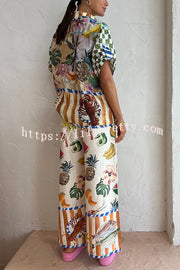 Lilipretty Perfect Day Linen Blend Tropical Fruit Print Elastic Waist Pocketed Wide Leg Pants