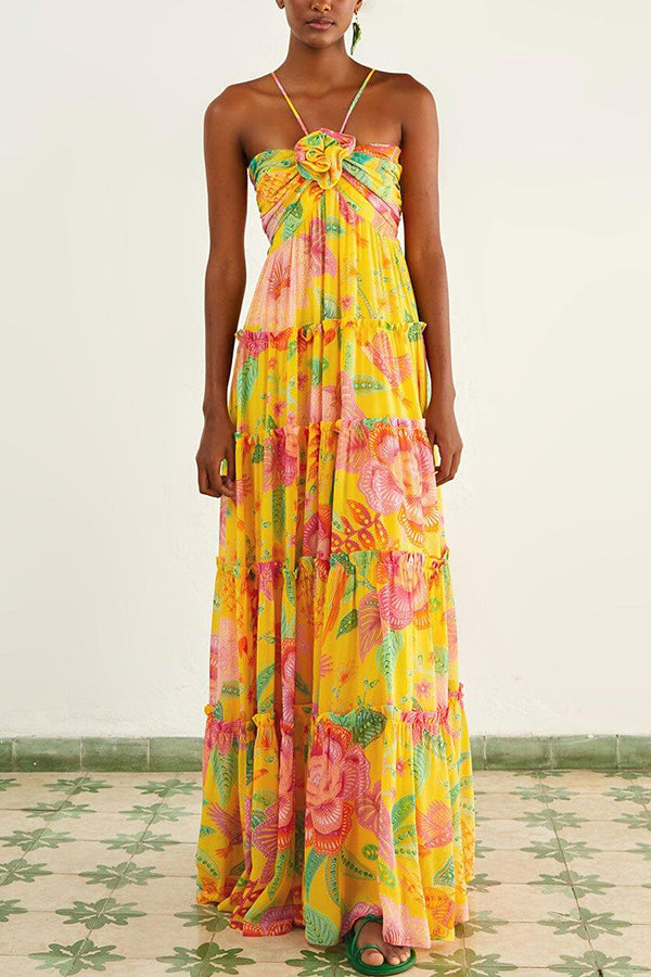 Lilipretty® Blossom Feelings Printed Flower Design Halter A-line Maxi Dress