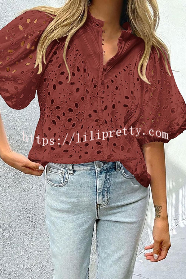 Lilipretty® Hollow Embroidered Lace V-neck Buttoned Lantern Sleeve Blouse