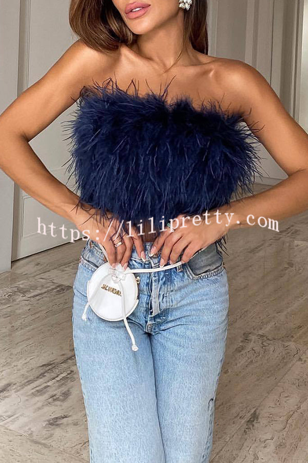 Fancy Night Out Off Shoulder Feather Crop Top