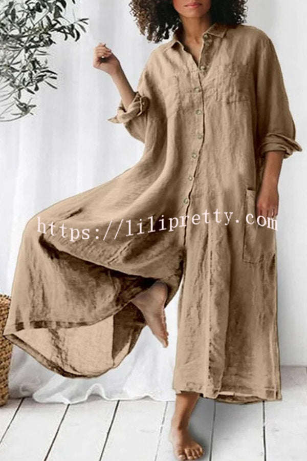 Lilipretty Amaris Cotton and Linen Blend Long Sleeve Loose Wide Leg Shirt Jumpsuit