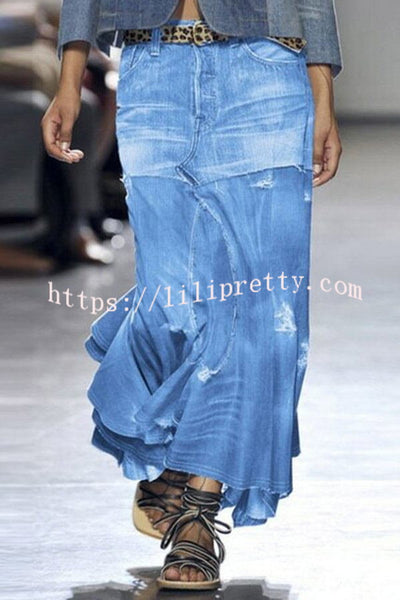 Lilipretty 90'S Vintage Distressed Paneled Irregular Hem Denim Skirt