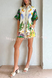 Lilipretty Days of Heaven Linen Blend Unique Print Hawaii Blouse & Shorts Suit