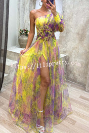 Lilipretty Picturesque Beauty Tulle Floral Pleated One Shoulder Sleeve Slit Maxi Dress