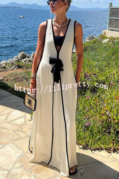 Lilipretty Boat Date Knit Contrast Self Tie Flowy Oversized Maxi Dress