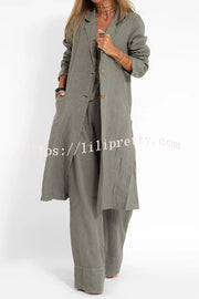 Lilipretty Vintage Linen Blend Pocketed Lightweight Midi Blazer Coat