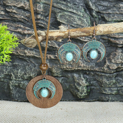 Lilipretty Vintage Crescent Inlaid Turquoise Earrings Bohemian Ethnic Necklace Set
