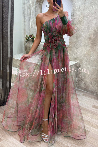 Lilipretty Picturesque Beauty Tulle Floral Pleated One Shoulder Sleeve Slit Maxi Dress