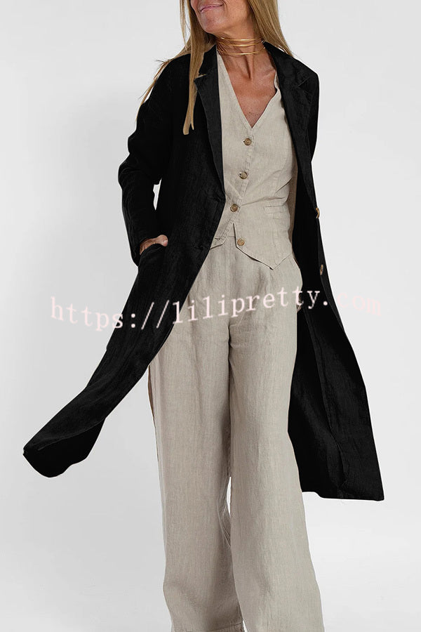 Lilipretty Vintage Linen Blend Pocketed Lightweight Midi Blazer Coat