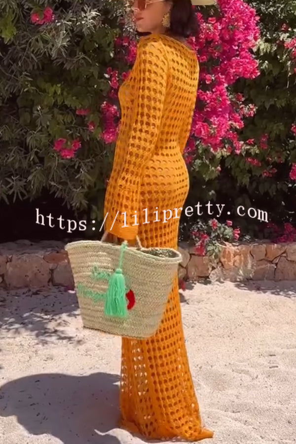 Sunny Beachside Crochet Knit Hollow Out Long Sleeve Cover-up Maxi Dress