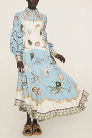 Ocean Print Lapel Button Waist Tie Resort Maxi Dress