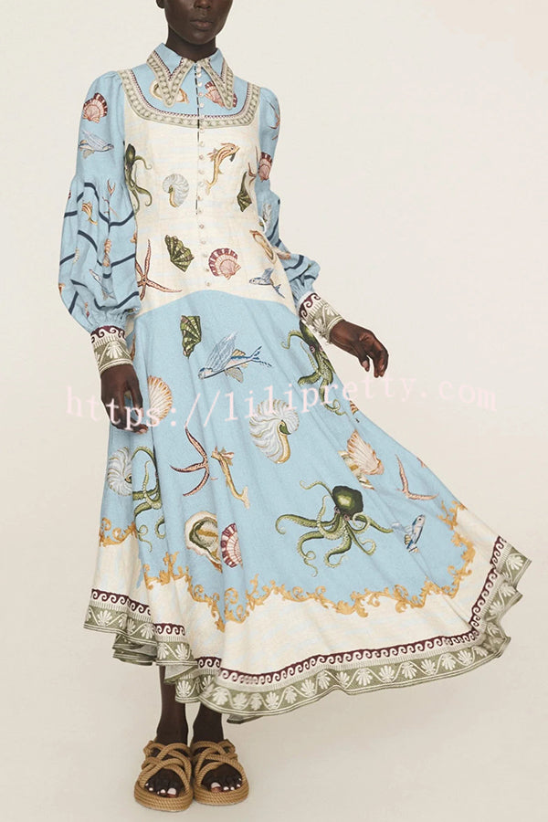 Ocean Print Lapel Button Waist Tie Resort Maxi Dress