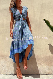 Lilipretty Libby Hippie Boho Printed Tie Front Ruffle Sleeve Smocked Waist Midi Dress