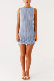 Fashion Knit Hollow Beaded Tassel Embellished Sleeveless Slim Mini Dress