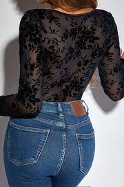 Sexy See-through Lace Long-sleeved Single-breasted Slim-fit Rompers