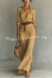 City Sleek Single Breasted Long Sleeve Warp Slit Shirt Maxi Dress