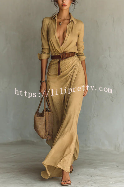 City Sleek Single Breasted Long Sleeve Warp Slit Shirt Maxi Dress
