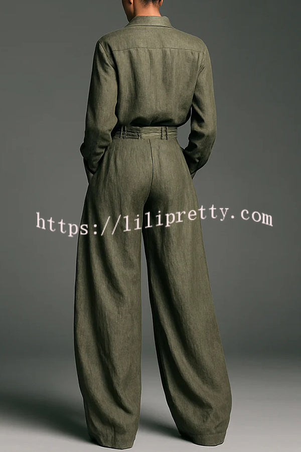 Linen Blend Lapel Long-sleeved Casual Shirt and High-waist Pocket Loose Wide-leg Pants Set