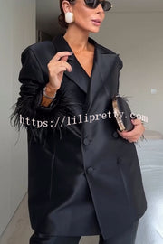 Chic Affair Satin Feather Trim Lapel Loose Blazer and High Rise Pocket Tapered Pants Set