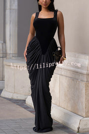 Fashionable Velvet Patchwork Square Neck Sleeveless Draped Maxi Dress