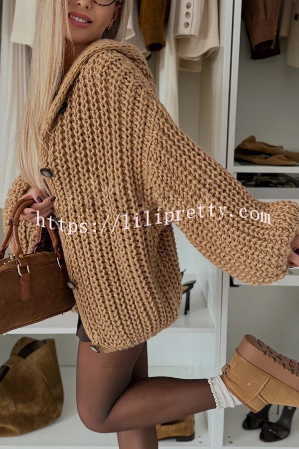 Warm Day Knit Button Up Long Balloon Sleeve Hooded Loose Cardigan