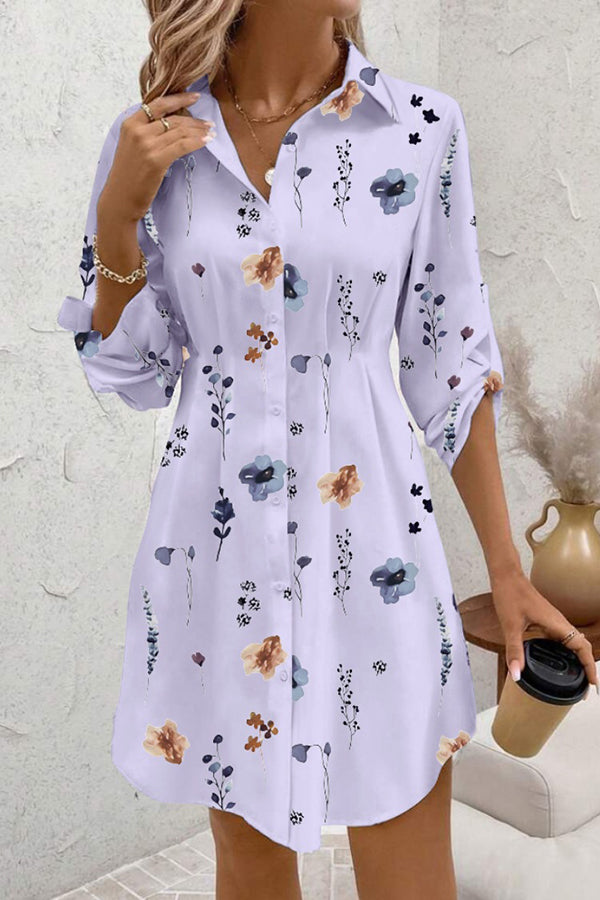 Floral Print Lapel Long Sleeve Button-Down Shirt Mini Dress