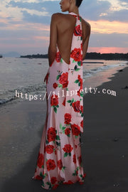 Rose Print Sexy Halter Neck Strappy Backless Slim Fit Maxi Dress