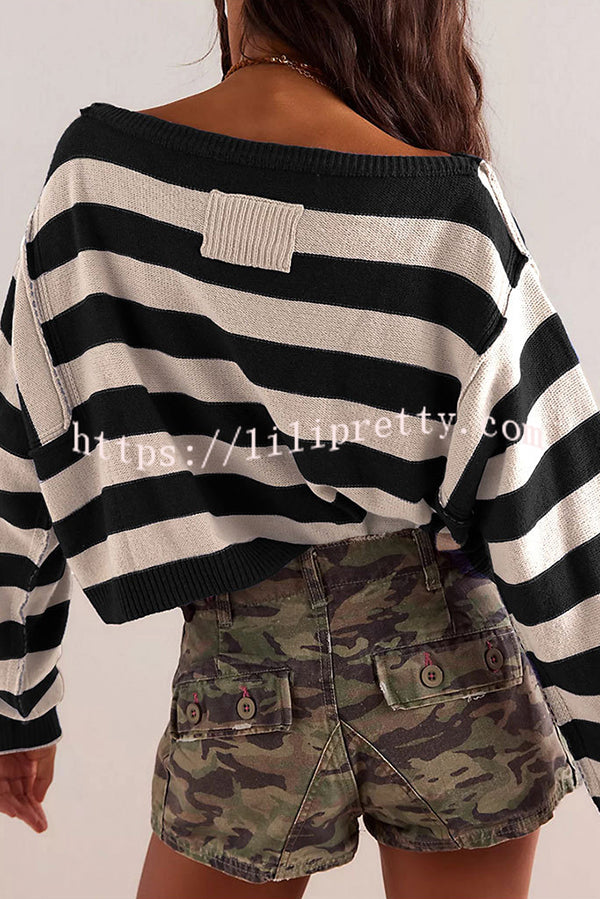 Striped Print Crew Neck Long Sleeve Loose Knitted Sweater