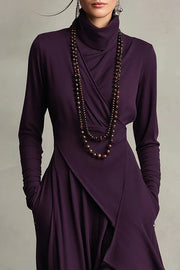 Solid Color High-neck Long-sleeved Irregular Casual Maxi Dress