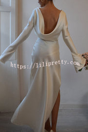 Satin Elegant Long-sleeved Open-back Slim-fit Slit Maxi Dress
