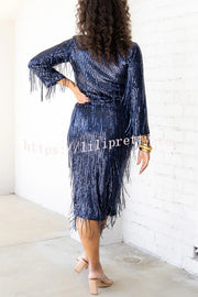 Insight Blueberry Sequin Fringe High Rise Elastic Waistband Midi Skirt