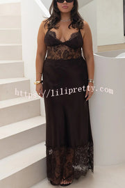 Elegant Evening Satin Lace Patchwork See-through Waist Slip Maxi Dress