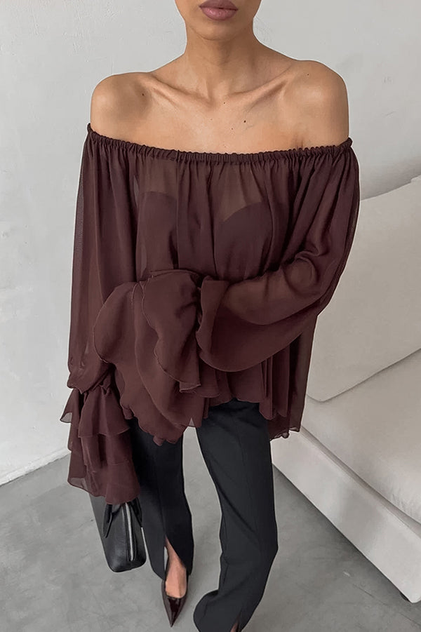 Solid Color Chiffon Off-shoulder Long-sleeved Loose Cover-up Top