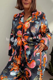 Evening Routine Unique Print Color-block Trim Loose Shirt and Elastic Waist Pocketed Pajama Set