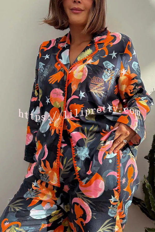 Evening Routine Unique Print Color-block Trim Loose Shirt and Elastic Waist Pocketed Pajama Set