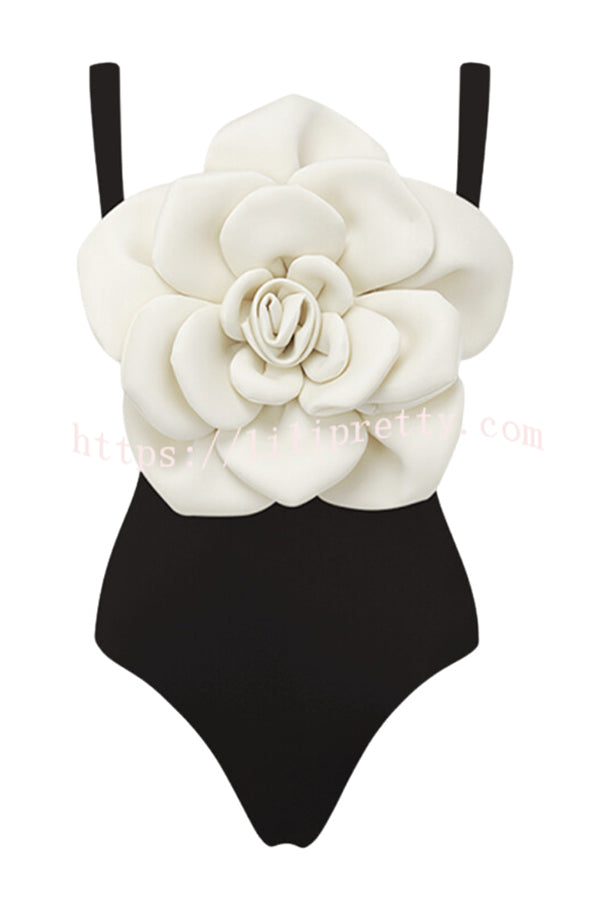 Fashionable Contrast Color Large Flower Stretch One-piece Swimsuit