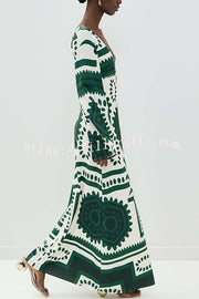 Holiday Fashion Unique Print Front Center Hollow Ring Long Sleeve Maxi Dress