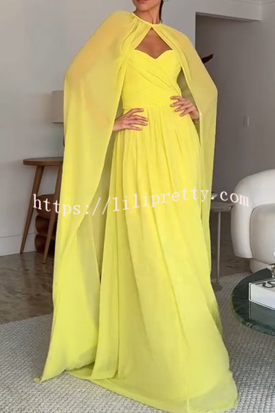 Romantic Party Chiffon Off Shoulder Sweetheart Neck Ruched Cape Maxi Dress